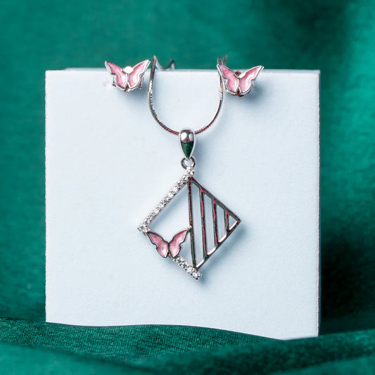 ELEGANT PINK BUTTERFLY & DIAMONDESQUE SILVER PENDANT SET WITH EARRINGS