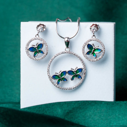 CHIC BLUE & GREEN BUTTERFLY SILVER PENDANT SET WITH DANGLING EARRINGS