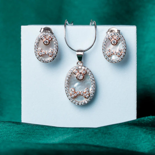 MICKEY MOUSE MOTHER OF PEARL & CUBIC ZIRCONIA SILVER PENDANT SET