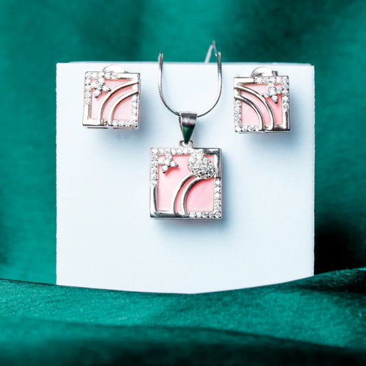 BLUSH PINK ENAMEL & CUBIC ZIRCONIA SQUARE SILVER PENDANT SET