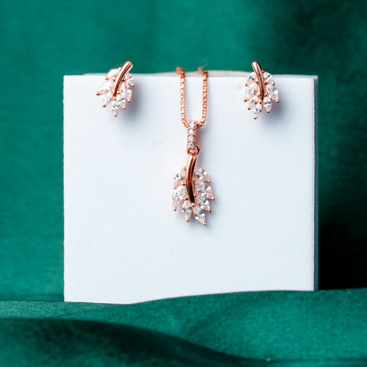 ROSE GOLD PLATED LEAF DESIGN CUBIC ZIRCONIA PENDANT SET
