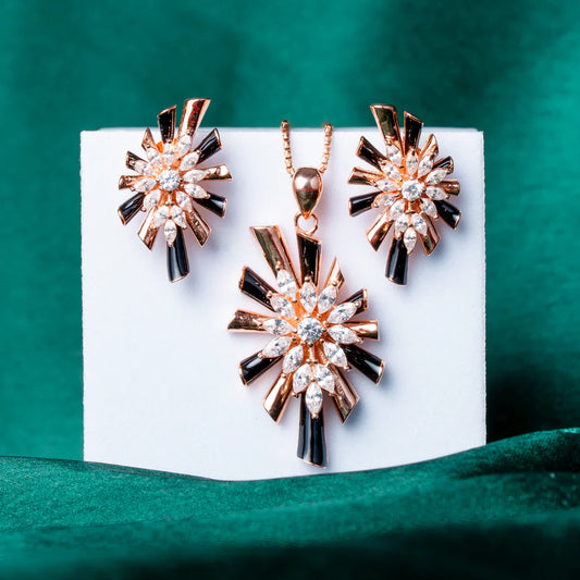 ART DECO ROSE GOLD PLATED BLACK ENAMEL & CZ PENDANT SET