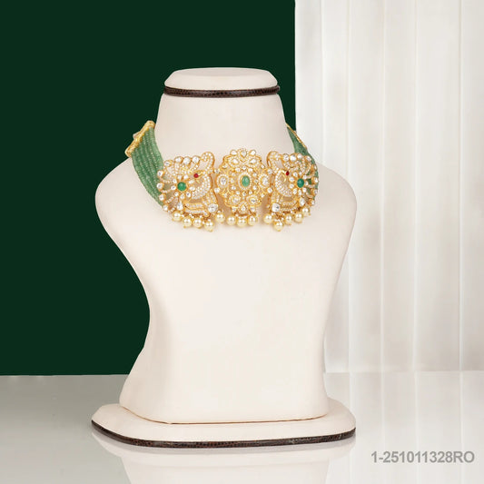 NOOR MOISSANITE PEACOCK DESIGN CHOKER WITH EMERALDS RUBIES GREEN BEADS AND PEARLS