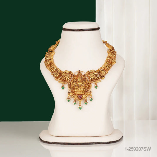 KANAKAM NAKSHI LAKSHMI DESIGN NECKLACE WITH EMERALD BEADS AND PEARLS