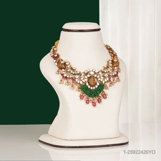 SAMPRADAYA NAKSHI LAKSHMI DESIGN NECKLACE WITH MOISSANITES EMERALD RUBY BEADS AND PEARLS