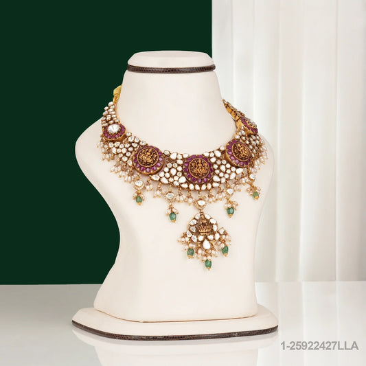 SOWJANYA NAKSHI LAKSHMI DESIGN NECKLACE WITH MOISSANITES RUBIES PEARLS AND BEADS