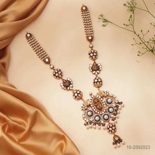 NIRVI NAKSHI LAKSHMI DESIGN LONG NECKLACE WITH MOISSANITES PEARLS AND BLUE BEADS