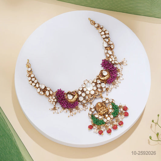 SUDHA NAKSHI LAKSHMI DESIGN NECKLACE WITH MOISSANITES RUBIES CORALS AND EMERALD BEADS