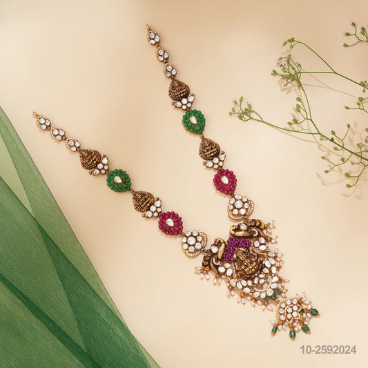 PARAMPARA NAKSHI LAKSHMI DESIGN LONG NECKLACE WITH MOISSANITES PEARLS RUBY AND EMERALD BEADS
