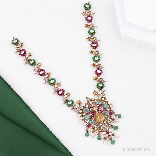 MUNTAZ VICTORIAN PEACOCK DESIGN LONG NECKLACE WITH MOISSANITES EMERALDS RUBIES BEADS AND PEARLS