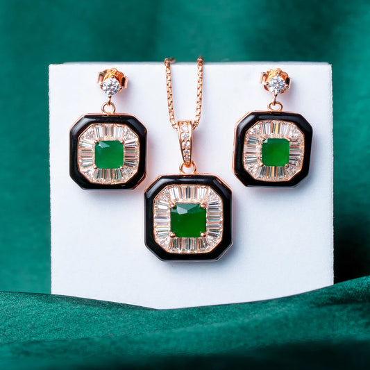 REGAL EMERALD GREEN & BAGUETTE CZ ROSE GOLD PLATED PENDANT SET