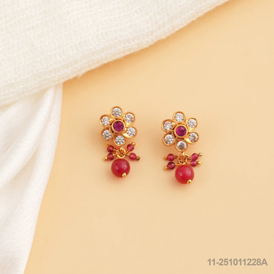 ARUNA CZ FLORAL DESIGN EAR STUDS WITH RUBY