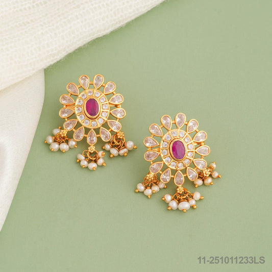 ARADHANA CZ FLORAL DESIGN EAR STUDS WITH RUBY