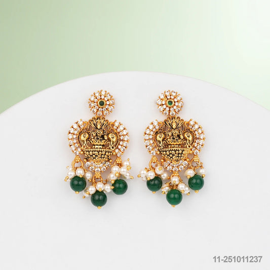 ASHIKA NAKSHI LAKSHMI DESIGN EAR HANGINGS WITH EMERALDS AND PEARLS