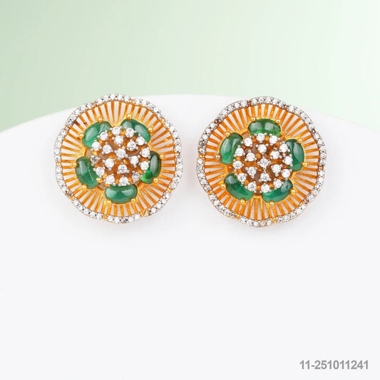 AHALYA CZ FLORAL DESIGN EAR STUDS WITH GREEN RUSSIAN BEADS