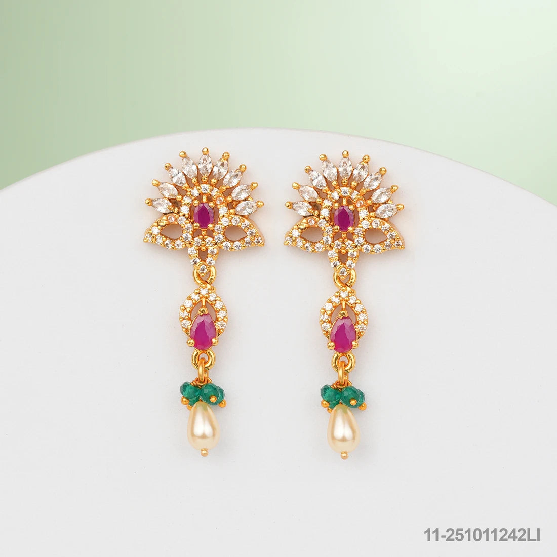 GAYATRI CZ FLORAL DESIGN EAR HANGINGS WITH EMERALDS AND RUBIES