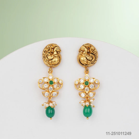 SRESHTA NAKSHI PEACOCK DESIGN EAR HANGINGS WITH EMERALDS AND PEARLS