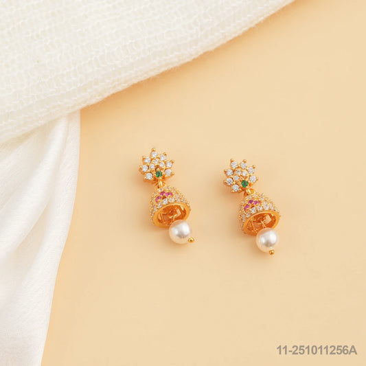 AADYA CZ  FLORAL DESIGN EAR JUMKIS WITH EMERALDS AND RUBIES