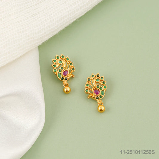 MYRA KUNDAN PEACOCK DESIGN EAR STUDS WITH EMERALDS AND RUBIES