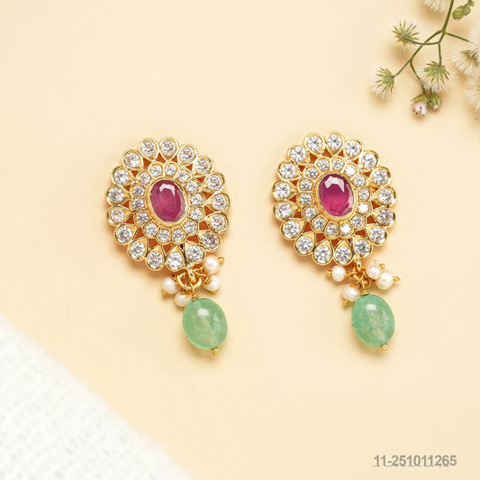 KEERTHANA CZ EAR STUDS WITH RUBIES AND EMERALD BEADS