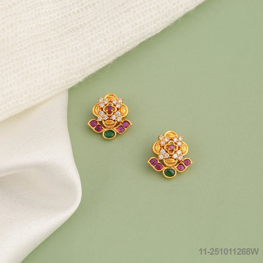 HYMA CZ FLORAL DESIGN EAR STUDS WITH RUBIES AND EMERALDS