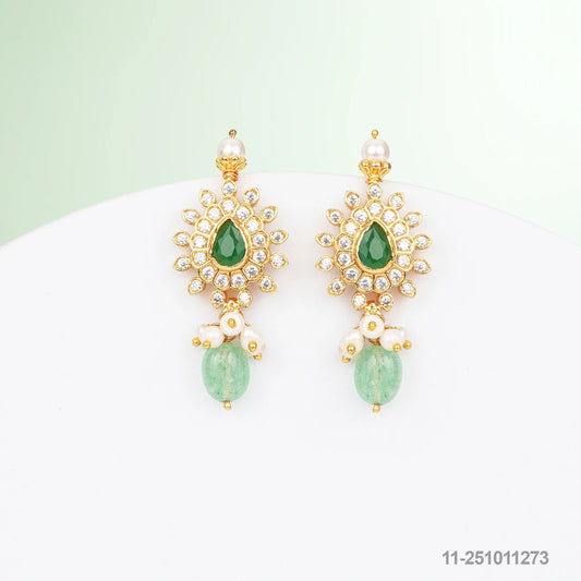 JASMINE CZ DROP DESIGN EAR STUDS WITH EMERALDS AND PEARLS