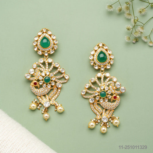 NEELU MOISSANITE PEACOCK DESIGN EAR HANGINGS WITH EMERALDS AND RUBIES