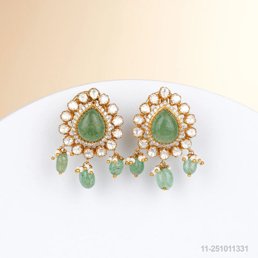 SUMANI MOISSANITE DROP DESIGN EAR STUDS WITH RUSSIAN EMERALDS AND PEARLS