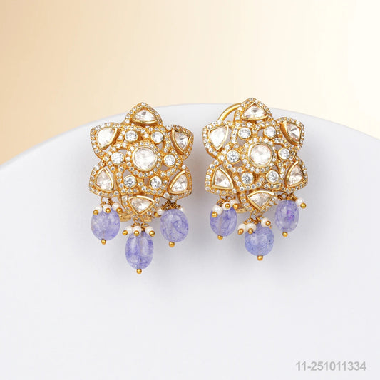 NANVITHA MOISSANITE STAR DESIGN EAR STUDS WITH VIOLET RUSSIAN BEADS AND PEARLS