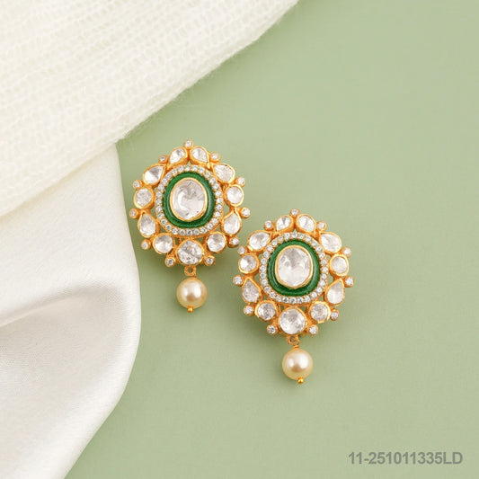 MEHABOOBA MOISSANITE FLORAL DESIGN EAR STUDS WITH GREEN ENAMEL AND PEARLS