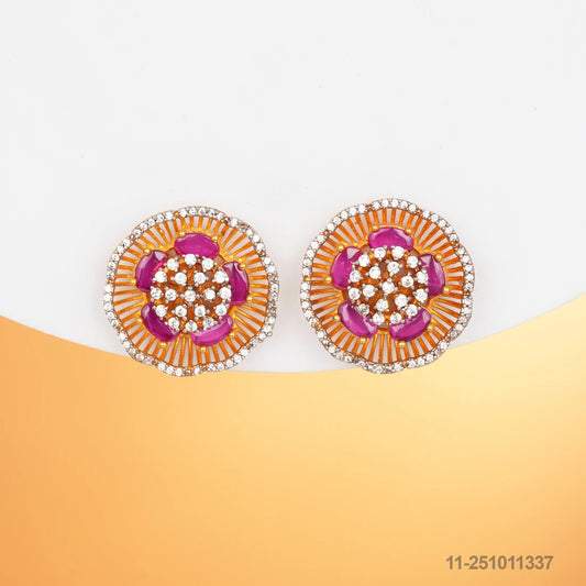 SURYA CZ FLORAL DESIGN EAR STUDS WITH PINK RUSSIAN BEADS