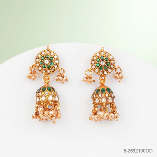 ADARSHINI KUNDAN FLORAL DESIGN EAR JUMKIS WITH EMERALDS