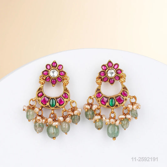 SITA KUNDAN CHANDBALI DESIGN EAR HANGINGS WITH RUBIES EMERALDS AND BEADS