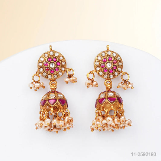 NAYANATARA KUNDAN FLORAL DESIGN EAR JUMKIS WITH RUBIES AND PEARLS