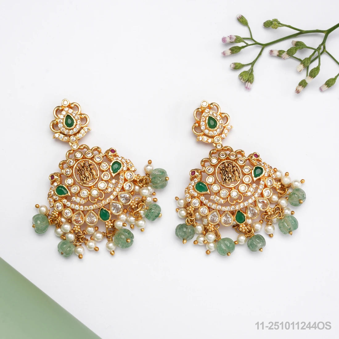 DHANISHKA NAKSHI RAM PARIVAAR EAR HANGINGS WITH EMERALDS AND PEARLS