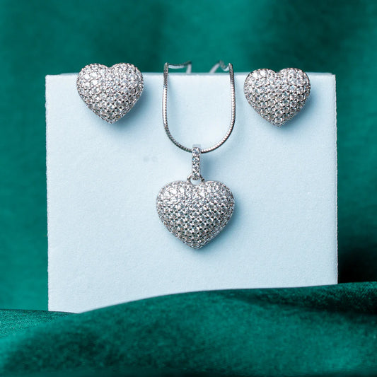 SHIMMERING SILVER PAVE HEART PENDANT SET WITH STUD EARRINGS