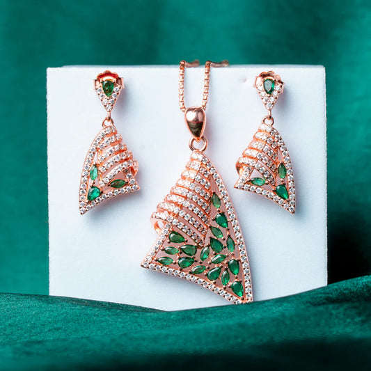 ROSE GOLD PLATED CONTEMPORARY GREEN STONE & CZ GEOMETRIC PENDANT SET