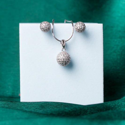 SPARKLING SILVER PAVE BALL PENDANT SET WITH STUD EARRINGS