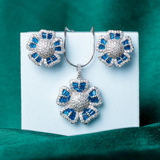 FLORAL MOTIF BLUE SAPPHIRE & CUBIC ZIRCONIA SILVER PENDANT SET