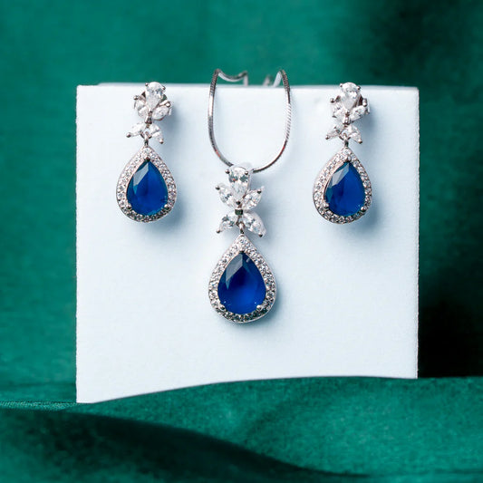 ROYAL BLUE TEARDROP & MARQUISE CZ SILVER PENDANT SET