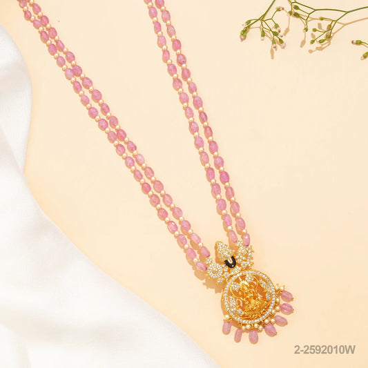 NANDINI CZ BALAJI DESIGN PENDANT WITH PEARLS AND PINK RUSSIAN BEADS MALA
