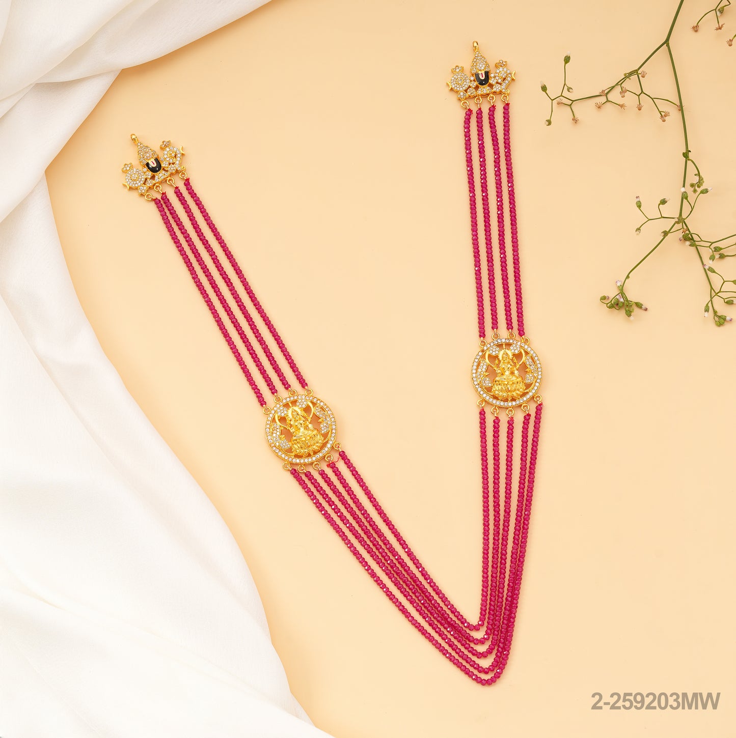 MENAKA CZ LAKSHMI DESIGN PENDANTS WITH RUBY BEADS MALA