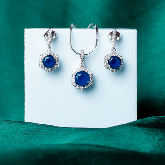 ROYAL BLUE HEXAGONAL CUBIC ZIRCONIA SILVER PLATED PENDANT SET