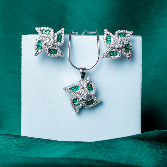 WHIRLWIND EMERALD & CUBIC ZIRCONIA SILVER PENDANT SET