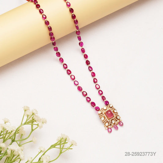 PAVANI MOISSANITE PENDANT WITH PINK RUSSIAN RUBY  AND PEARLS MALA OR CHAIN