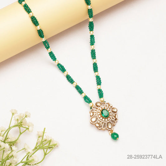 PRERANA MOISSANITE FLORAL DESIGN PENDANT WITH EMERALDS AND PEARL MALA OR CHAIN