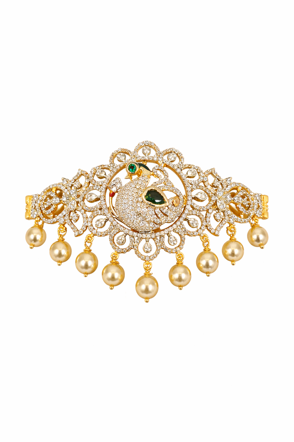CZ PEACOCK GOLD PLATED SILVER CHOKER PENDANT /BAJUBANDH /HAND ACCESSORY