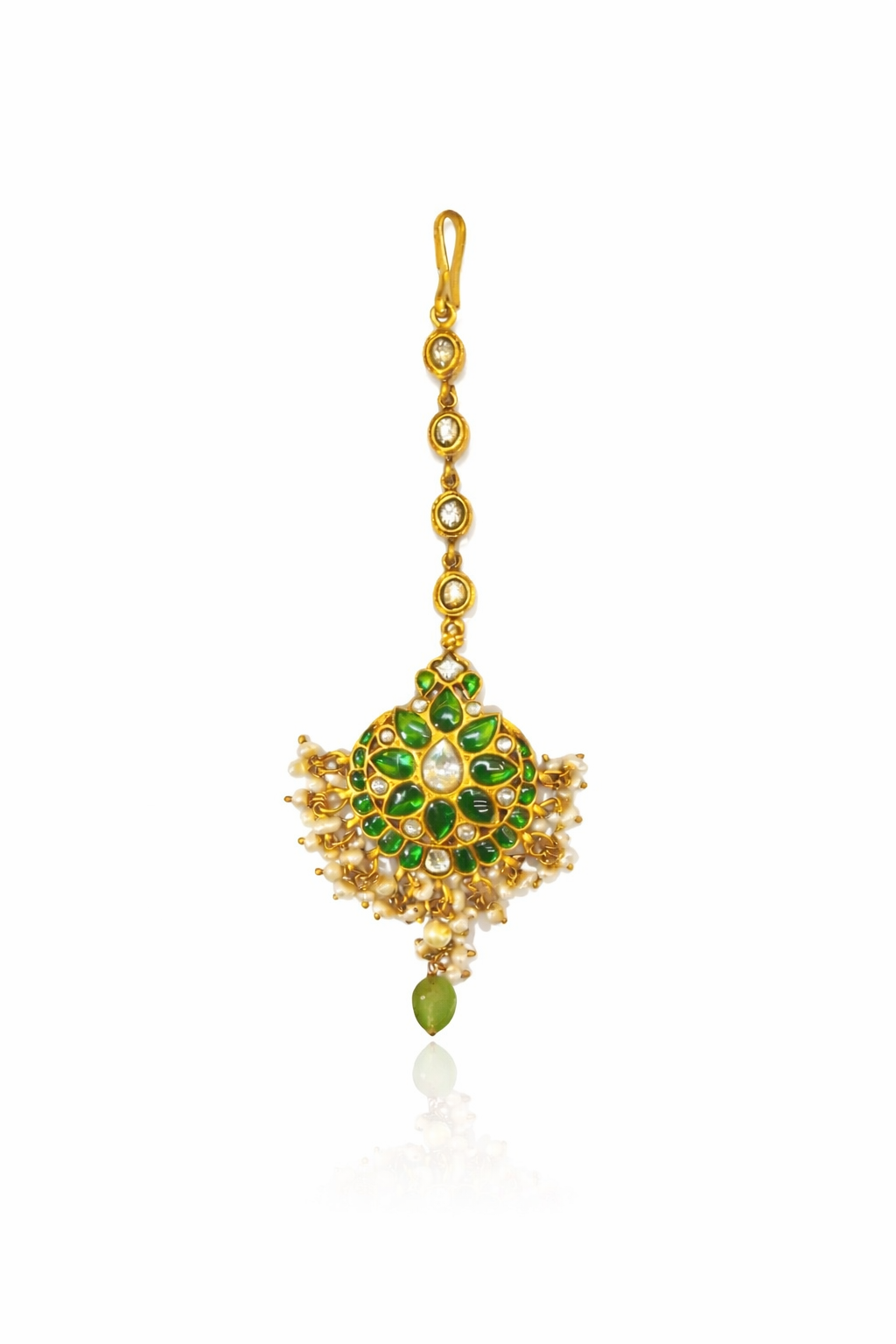 FLORAL DESIGN EMERALD AND PEARL GOLD PLATED SILVER PAPIDI CHAIN/ MAANGTIKA/ HEAD ORNAMENT