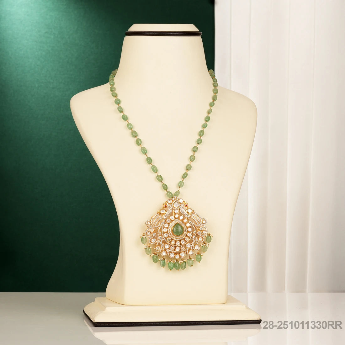 BALAMANI MOISSANITE PEACOCK DESIGN PENDANT WITH RUSSIAN EMERALD BEADS MALA