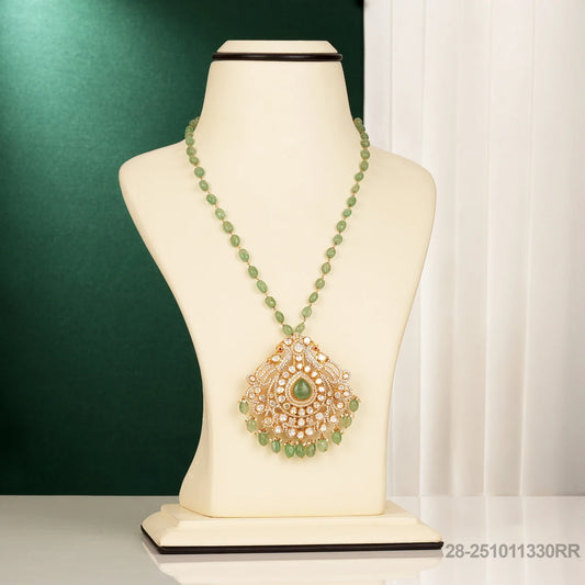 BALAMANI MOISSANITE PEACOCK DESIGN PENDANT WITH RUSSIAN EMERALD BEADS MALA